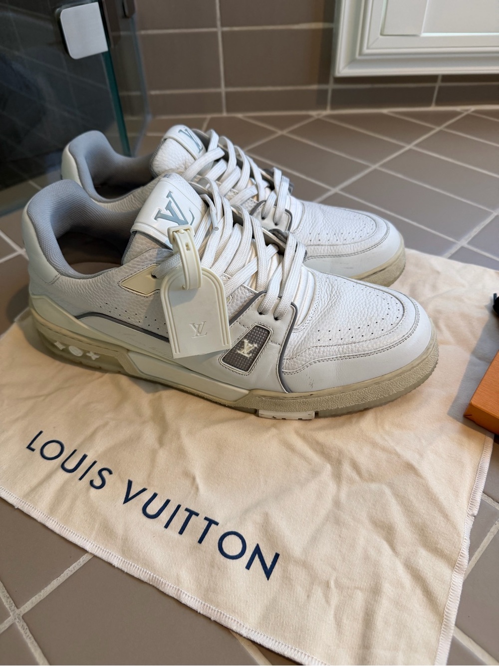 Louis Vuitton Men’s White and Light Gray Low-Top Sneakers with LV Tag